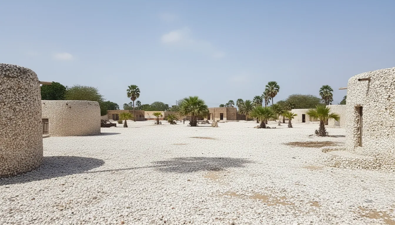 Panoramic view of Île de Fadiouth, showing the white shell landscape and traditional houses under a clear sky.