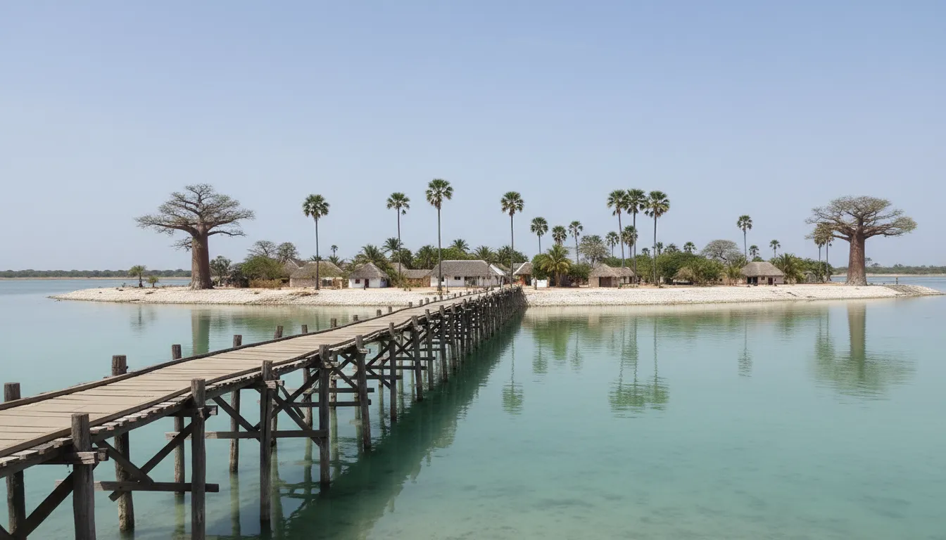The unique mixed-faith cemetery on Île de Fadiouth, with graves marked by crosses and headstones on a shell-covered ground.
