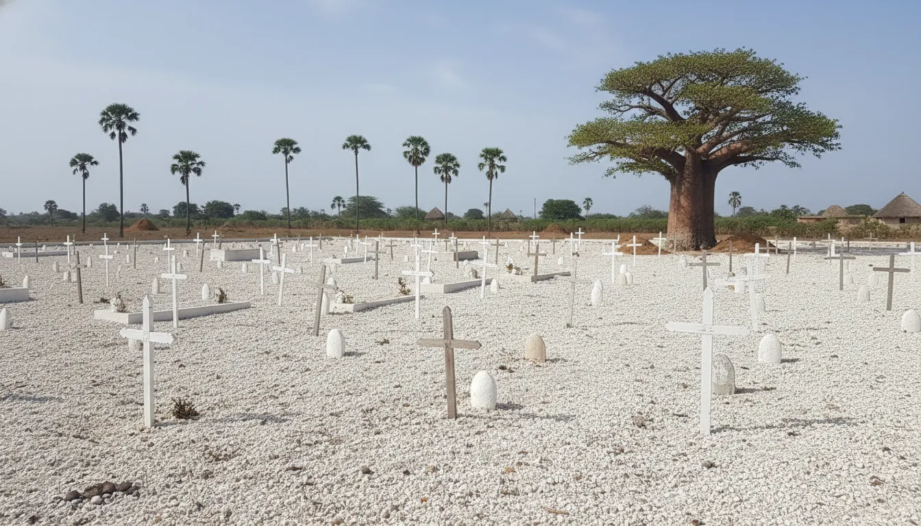 Colourful pirogues (traditional fishing boats) docked near the shell island of Fadiouth, with local activity in the background.