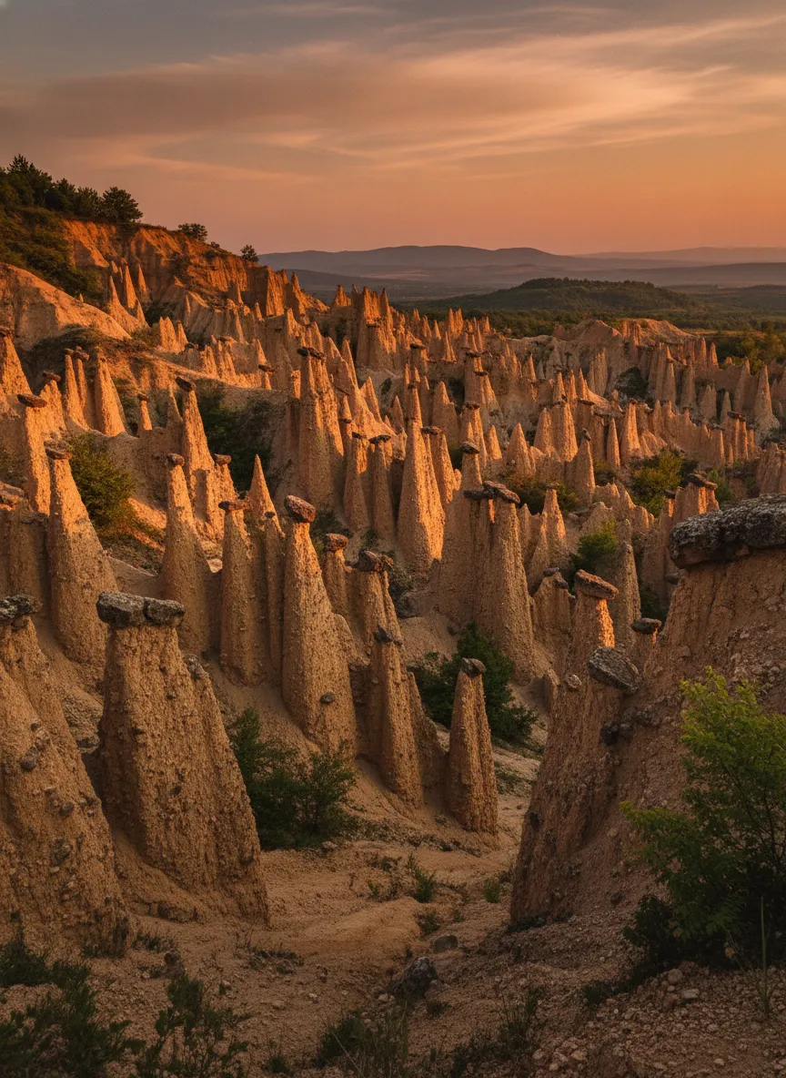 In a remote corner of Serbia, a bizarre landscape of over 200 naturally formed 'earth pyramids' stands petrified, each capped with a stone and imbued with a chilling local legend.