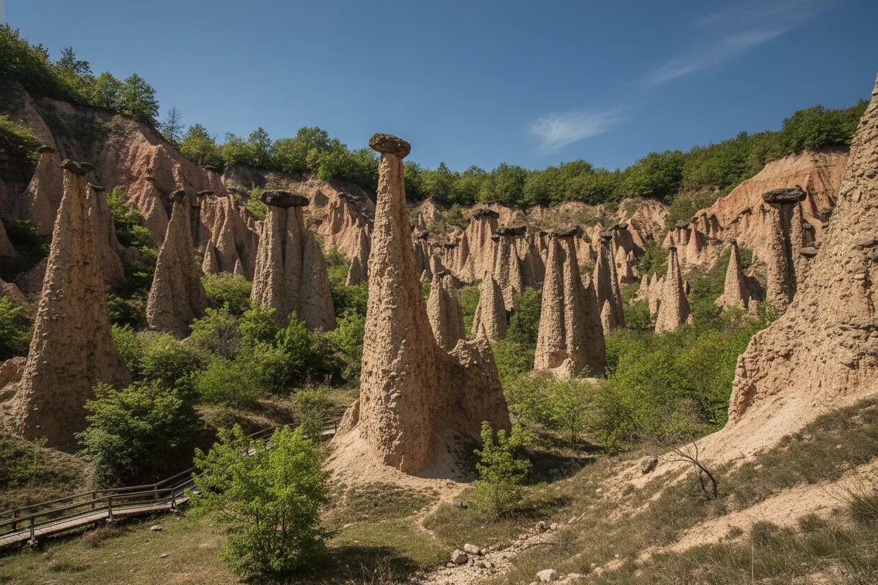 Panoramic view of Đavolja Varoš earth pyramids in Serbia, showing numerous tall rock formations with stone caps