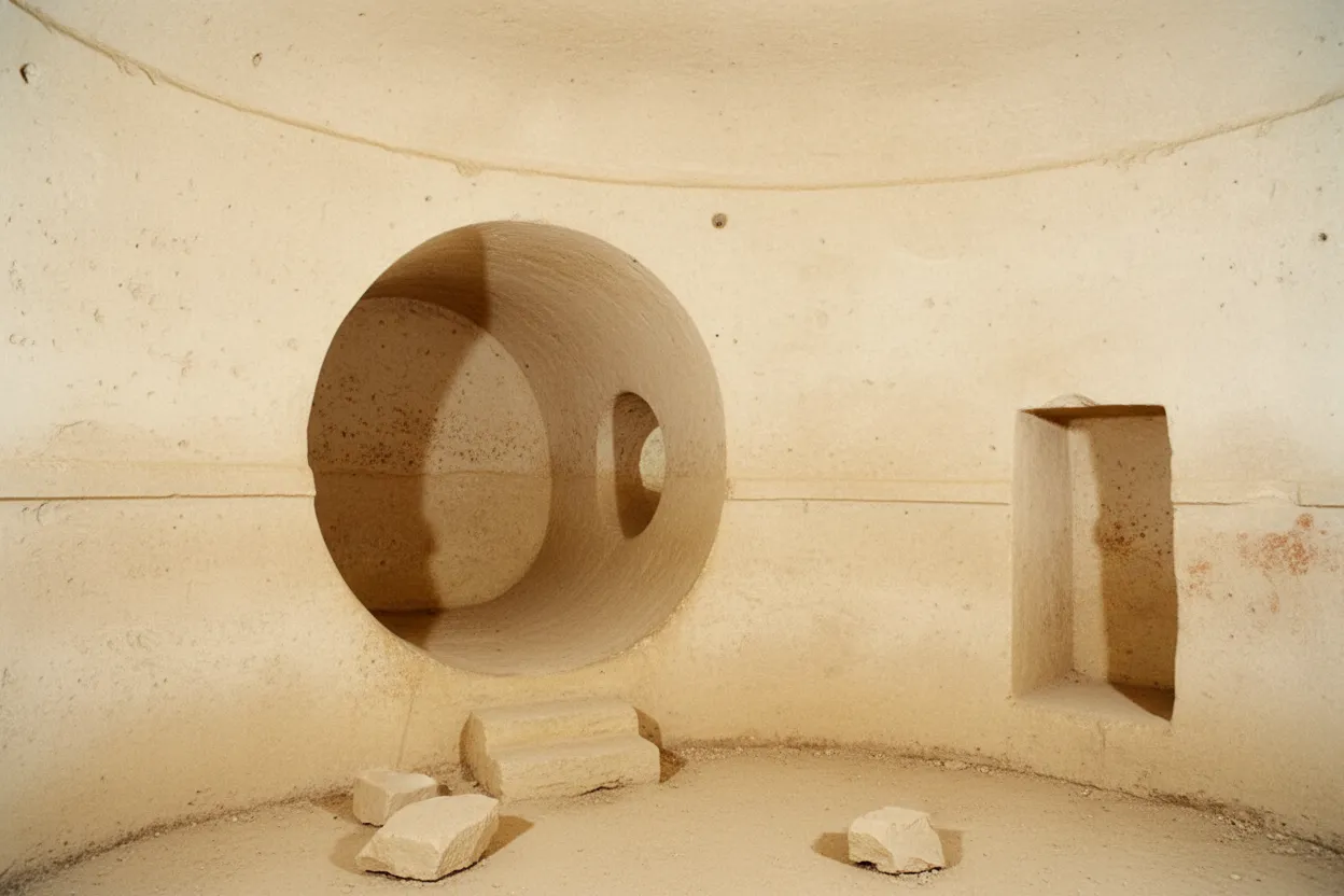 Interior view of the Ħal Saflieni Hypogeum, showcasing intricate red spiral patterns painted on the rock walls of one of the chambers.