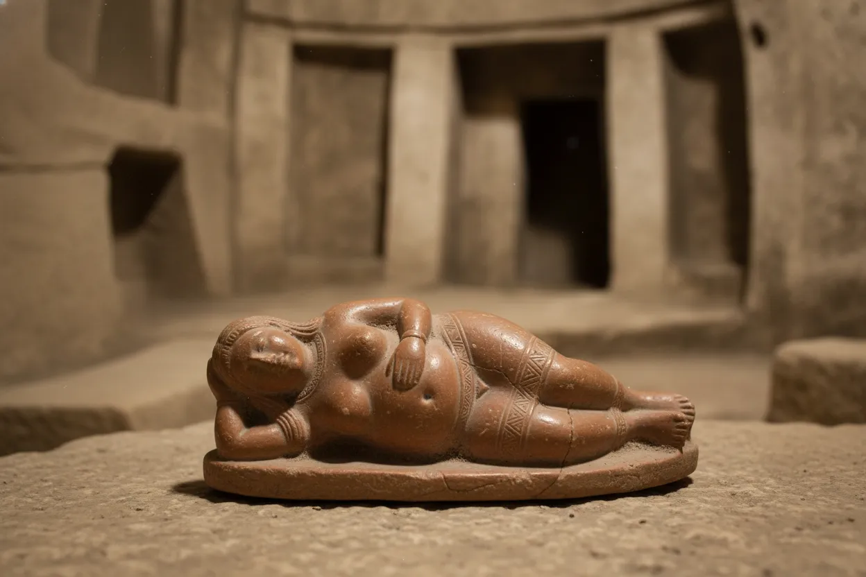 A dimly lit, narrow passage carved into rock within the Ħal Saflieni Hypogeum, showing the ancient, hand-hewn nature of the site.