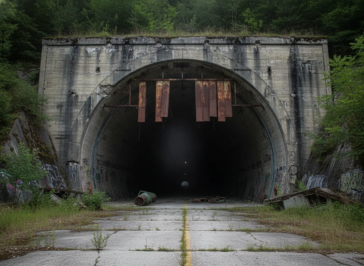 Vast, dark tunnel inside Željava Air Base, showing its immense scale and decaying infrastructure.
