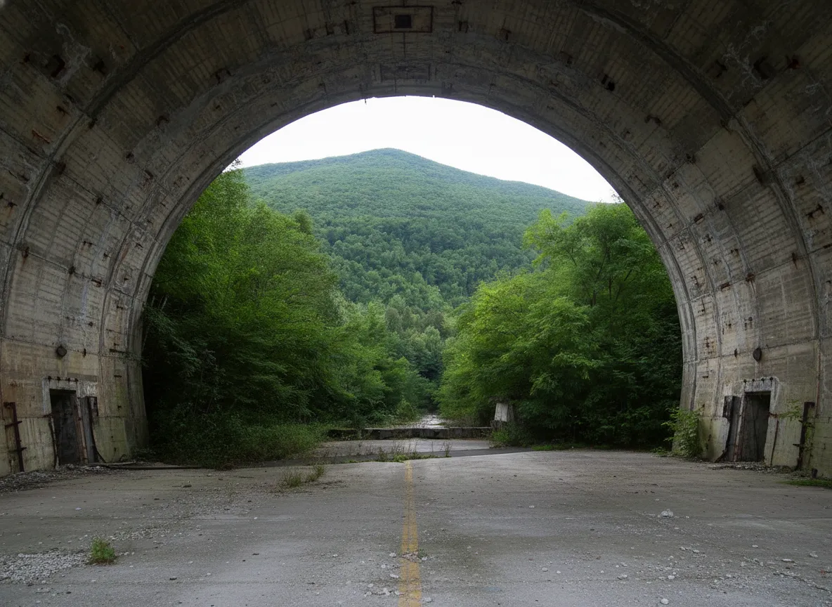 Inside a vast, dark tunnel of Željava Air Base, showing the scale and concrete structure.