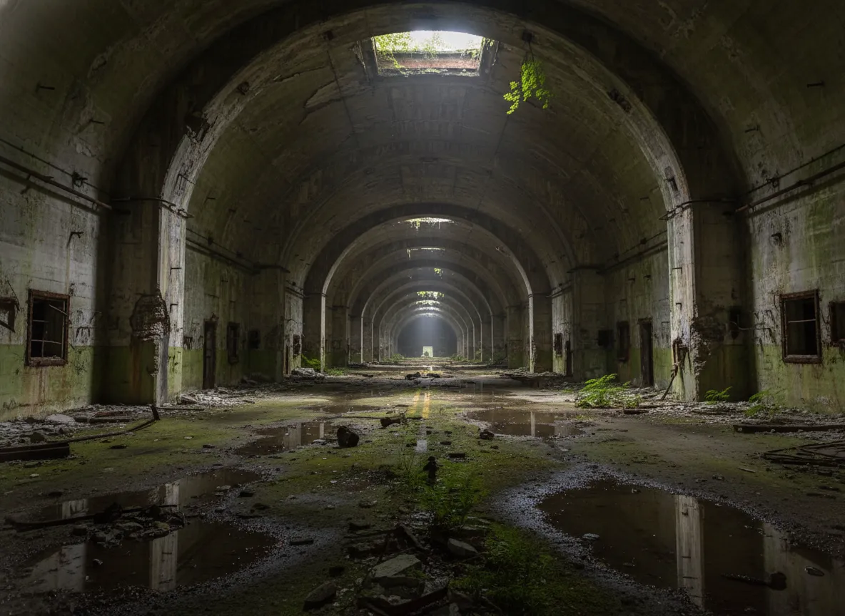 Exterior view of one of Željava Air Base's camouflaged tunnel entrances, blending into the mountain.