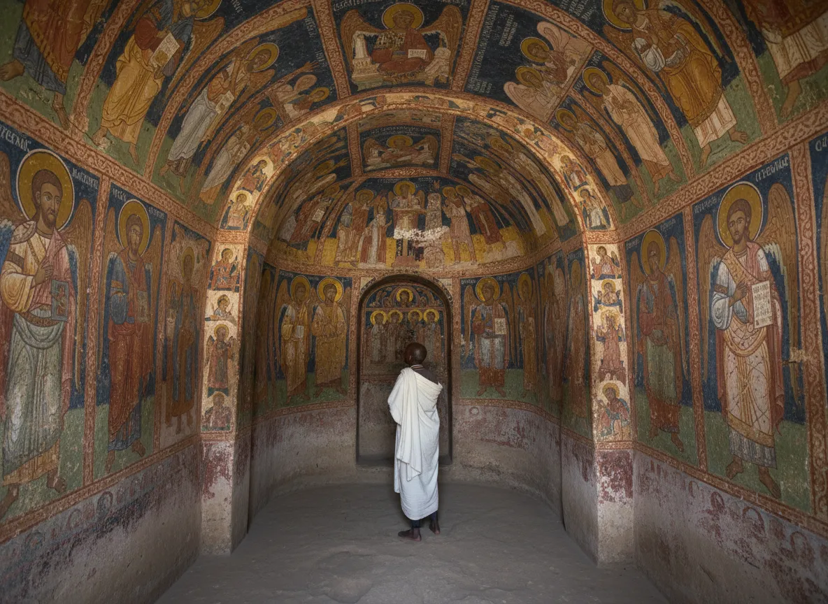 Climbers ascending the sheer rock face towards Abuna Yemata Guh church in Ethiopia.