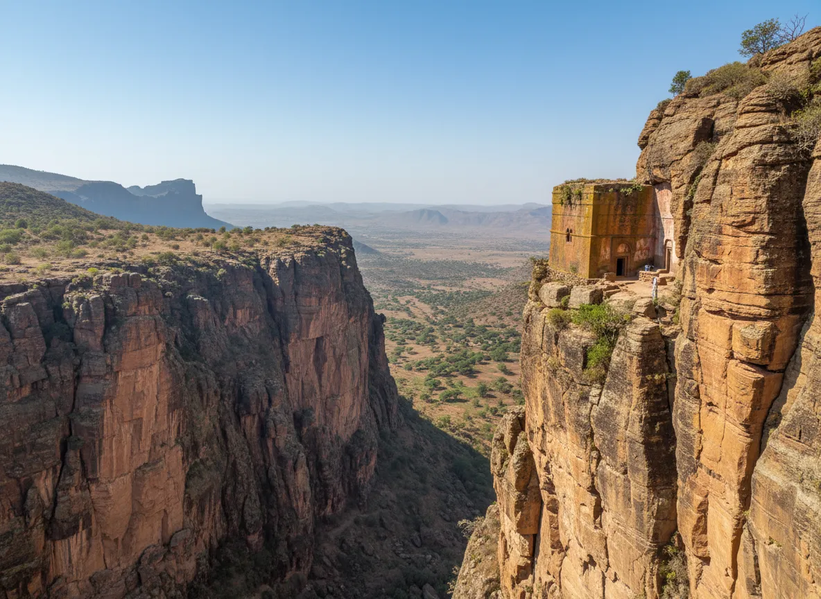 Interior of Abuna Yemata Guh church, showing ancient, well-preserved frescoes on the walls and ceiling.