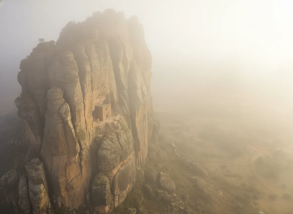 Panoramic view from the ledge of Abuna Yemata Guh church, overlooking the vast mountainous landscape of Tigray, Ethiopia.
