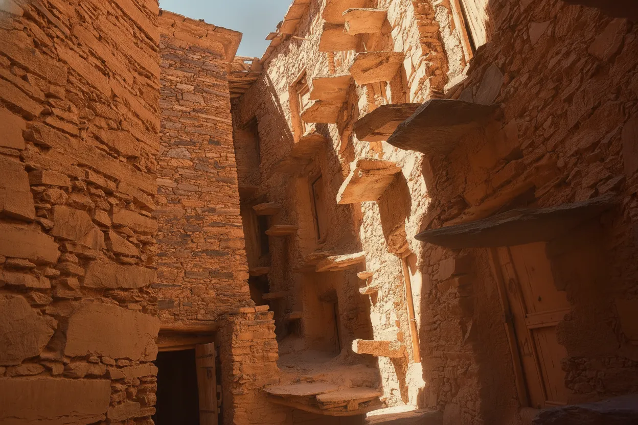 Interior view of Agadir Tasguent, showing a narrow, stone-walled passage leading to multiple small, wooden-doored storage chambers, some with intricate locks, within the ancient granary.