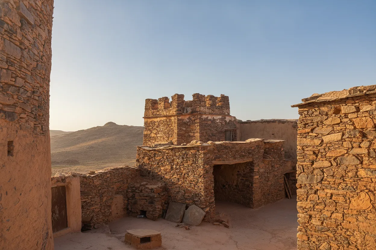 A breathtaking scenic vista of the rugged Anti-Atlas Mountains in Morocco, with a winding road snaking through the valleys and traditional Berber villages nestled amongst the arid landscape.