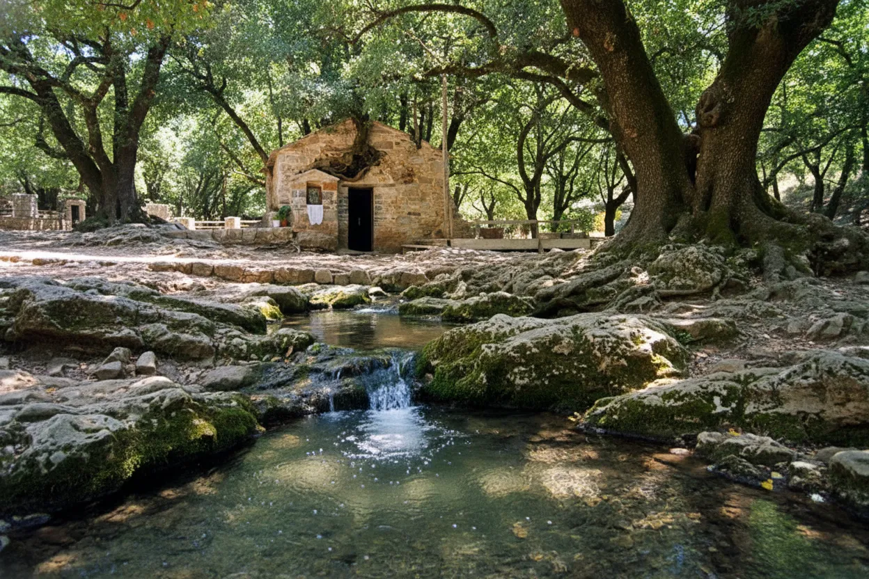 Panoramic view of the lush green valley surrounding the Agia Theodora chapel in Peloponnese, Greece.