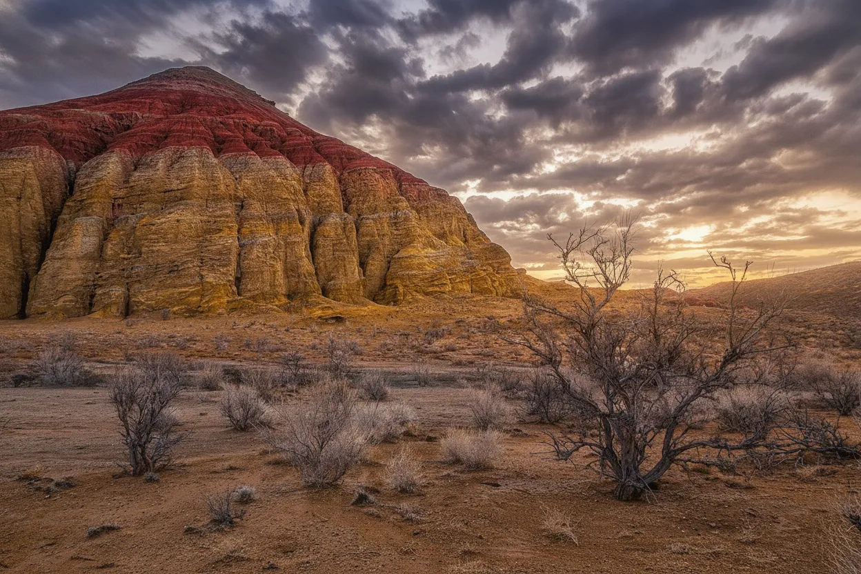 Imagine a Martian landscape of striped, painted mountains rising from a vast desert, a geological marvel so vibrant it feels like an alien world.