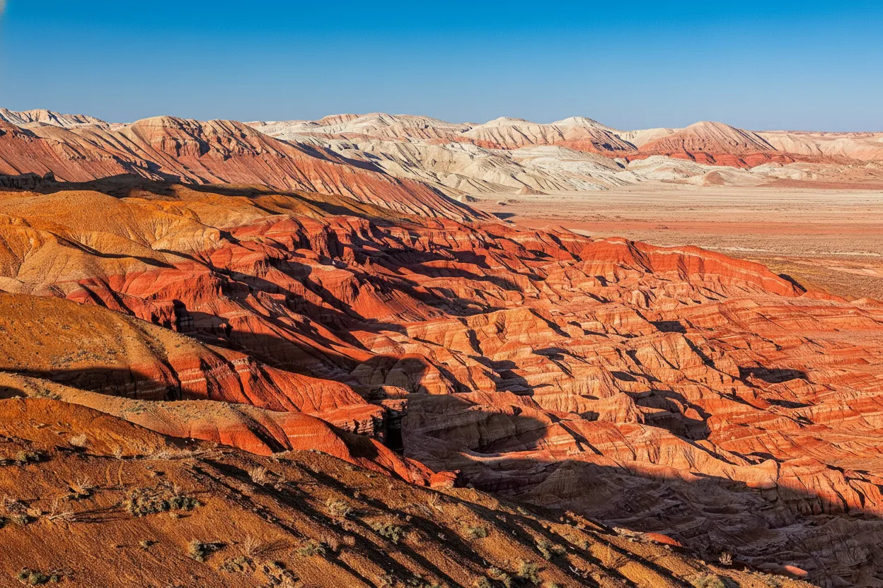 Vibrant striped Aktau Mountains in Altyn-Emel National Park, Kazakhstan