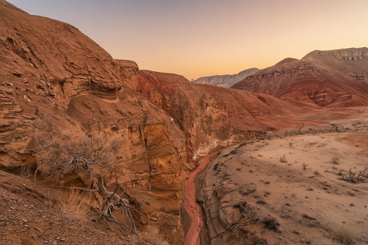 Hikers exploring the colorful valleys of Aktau Mountains, Kazakhstan