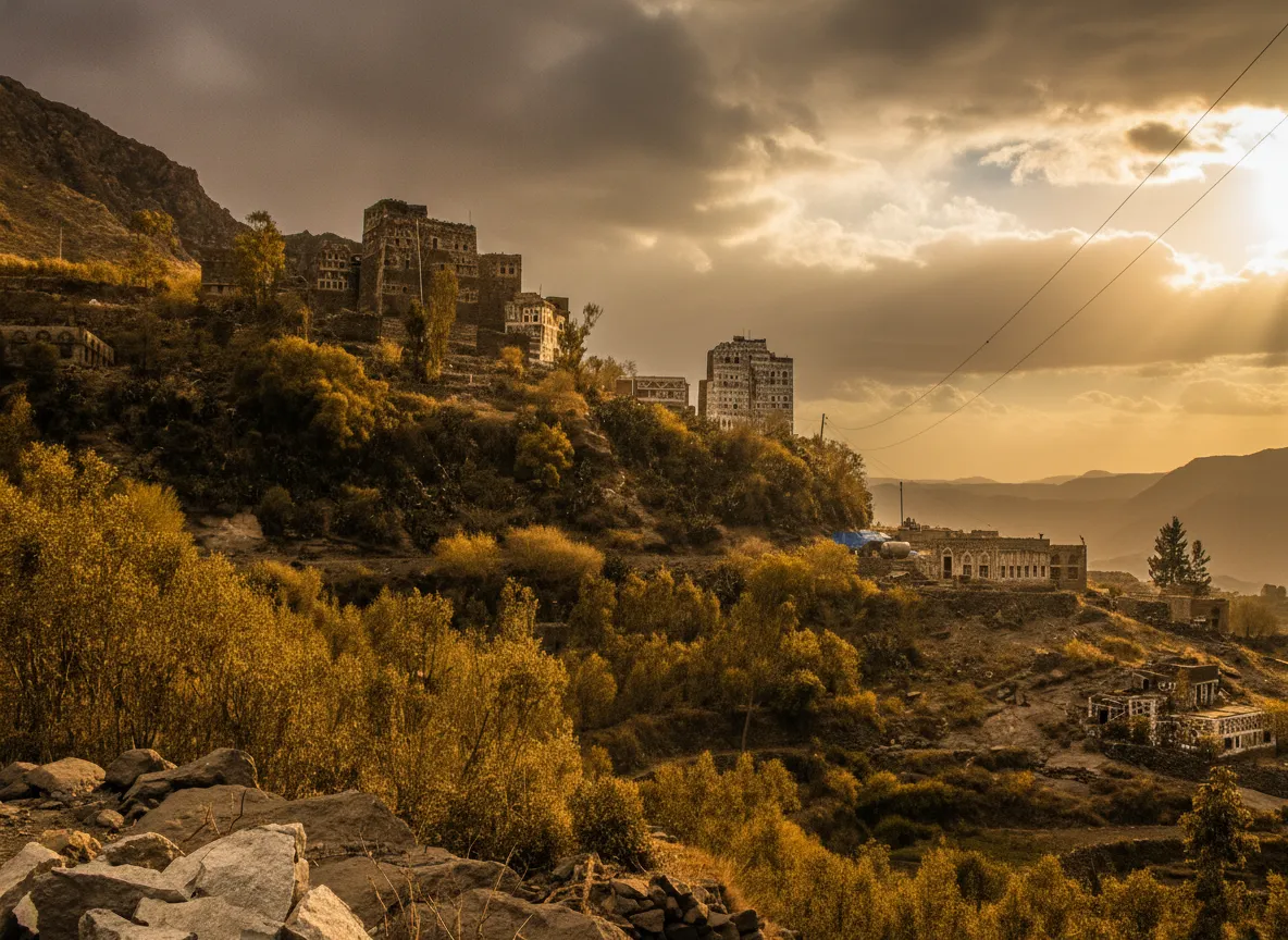 Perched precariously on a sheer cliff face in Yemen's rugged Haraz Mountains, this medieval stone village seems to defy gravity, its ancient houses blending seamlessly into the mountain like an organic extension of rock and sky.