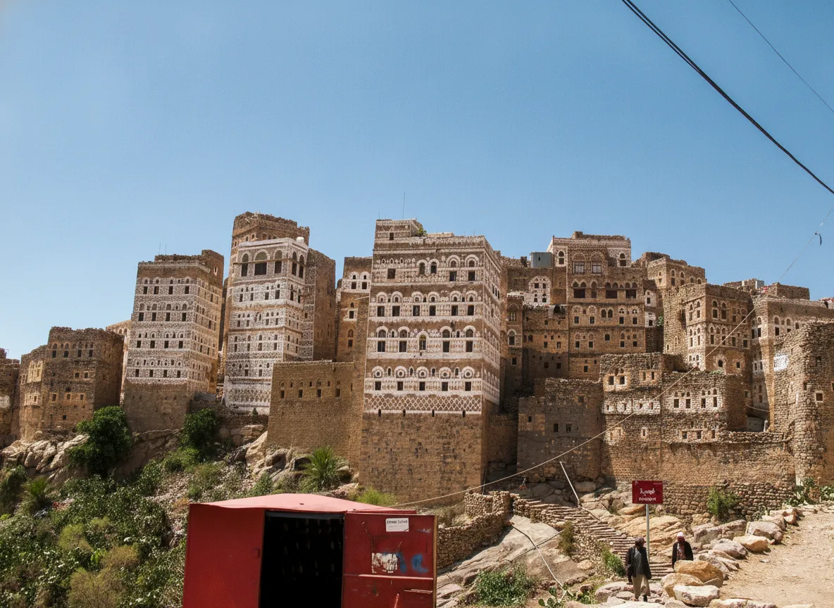Panoramic view of Al-Hajjarah village clinging to the cliffside in Yemen's Haraz Mountains.