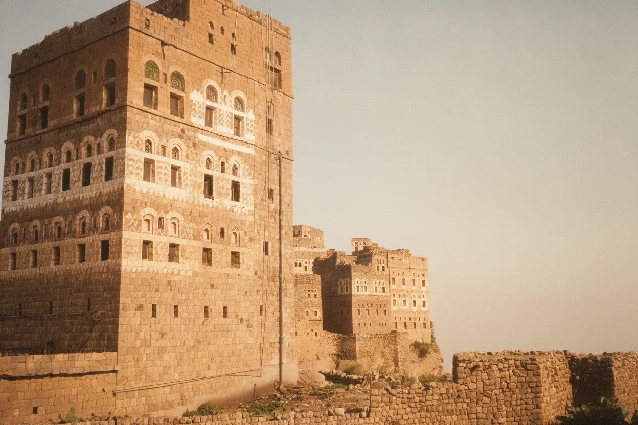 Close-up of a traditional multi-story stone house in Al-Hajjarah with intricate window designs.