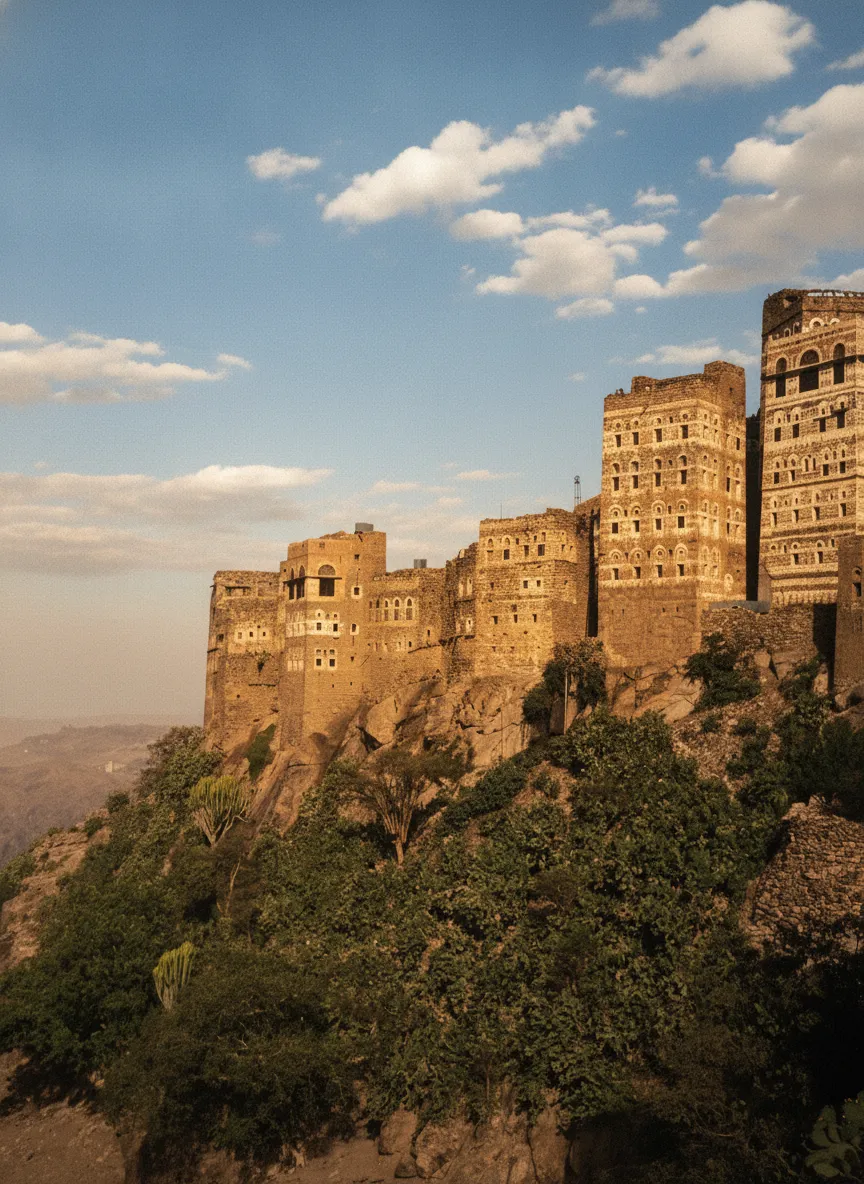 View from Al-Hajjarah overlooking terraced fields and other mountain villages in the Haraz region.