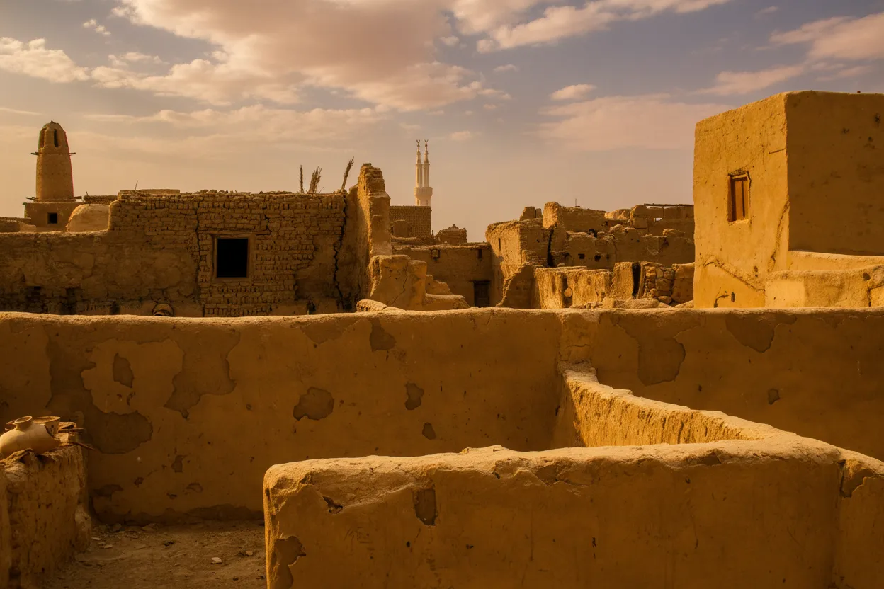 View of Al-Qasr's ancient mud-brick houses and towering minaret under a clear blue sky