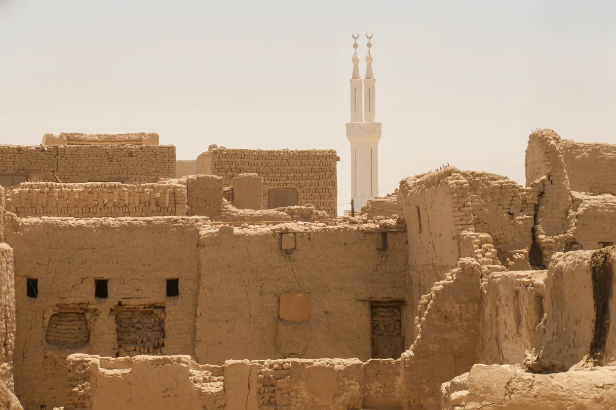 Local resident of Al-Qasr walking through a shaded alleyway, showcasing traditional attire and daily life