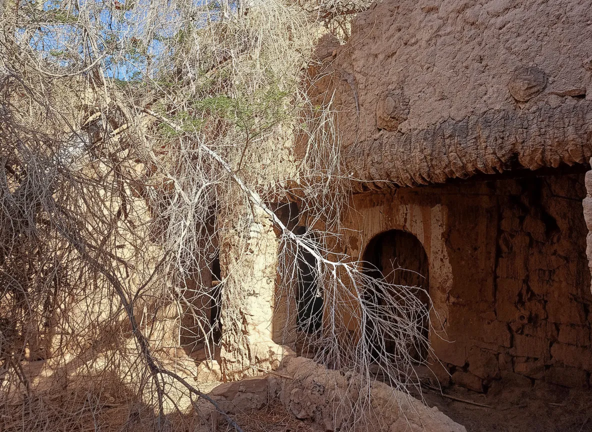 Panoramic view of Al-Ula Old Town's mudbrick houses nestled in a valley, with palm trees and distant mountains under a clear sky.
