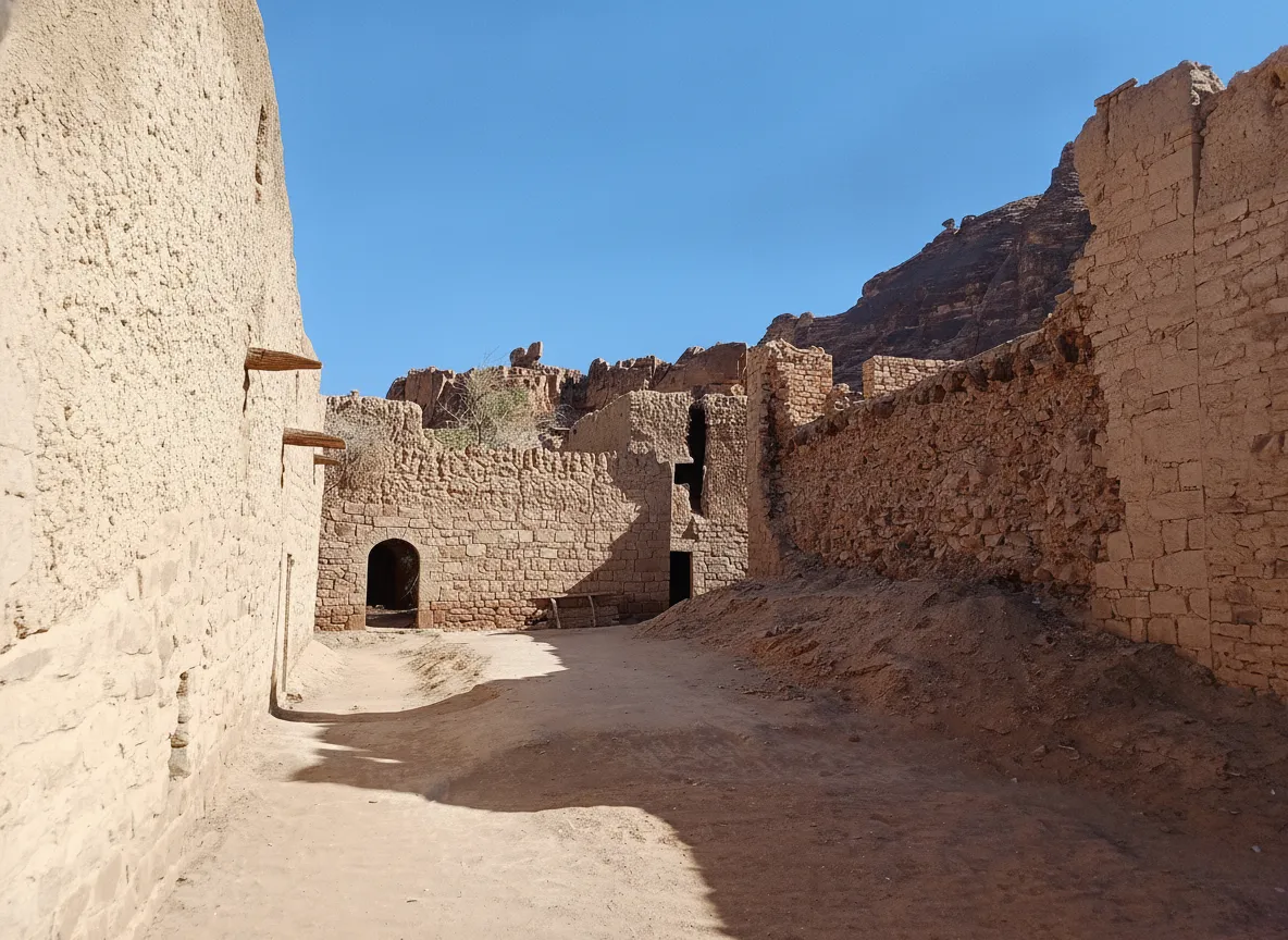 A local guide pointing towards an ancient architectural feature in Al-Ula Old Town, with visitors listening intently.