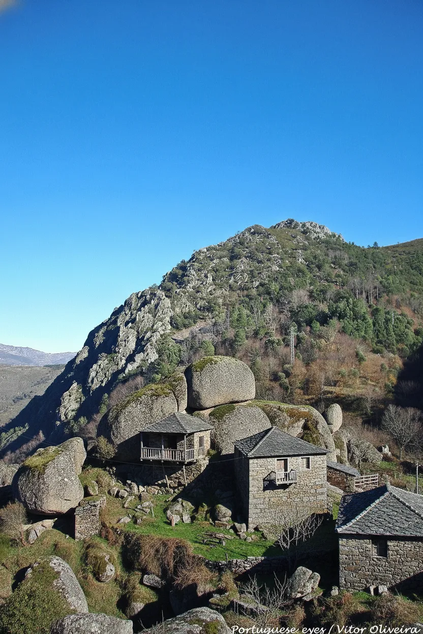 Panoramic view of Aldeia da Pena, Portugal, showing granite houses nestled into massive boulders on a hillside.