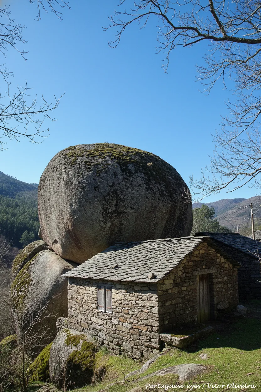 Close-up of a unique granite house in Aldeia da Pena, showing how it incorporates a large natural boulder as part of its wall.