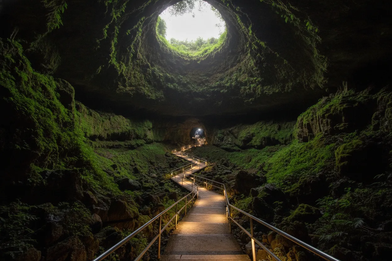View inside Algar do Carvão showing the vast open-air cavern with lush vegetation and natural light filtering in.
