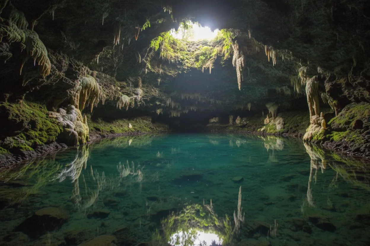 The tranquil subterranean lake at the bottom of Algar do Carvão, reflecting the cave walls and ceiling.