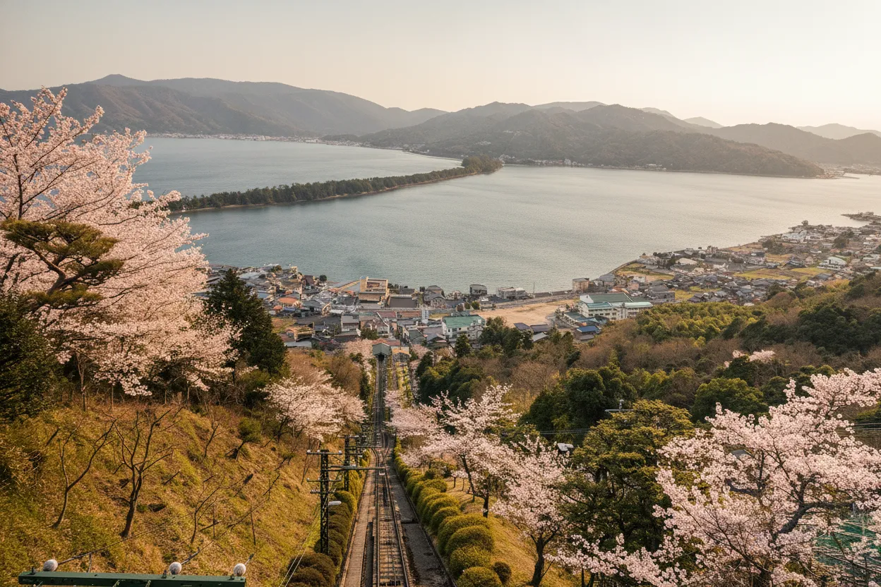 A person performing matanozoki, looking through their legs at Amanohashidate, with the sandbar appearing inverted.