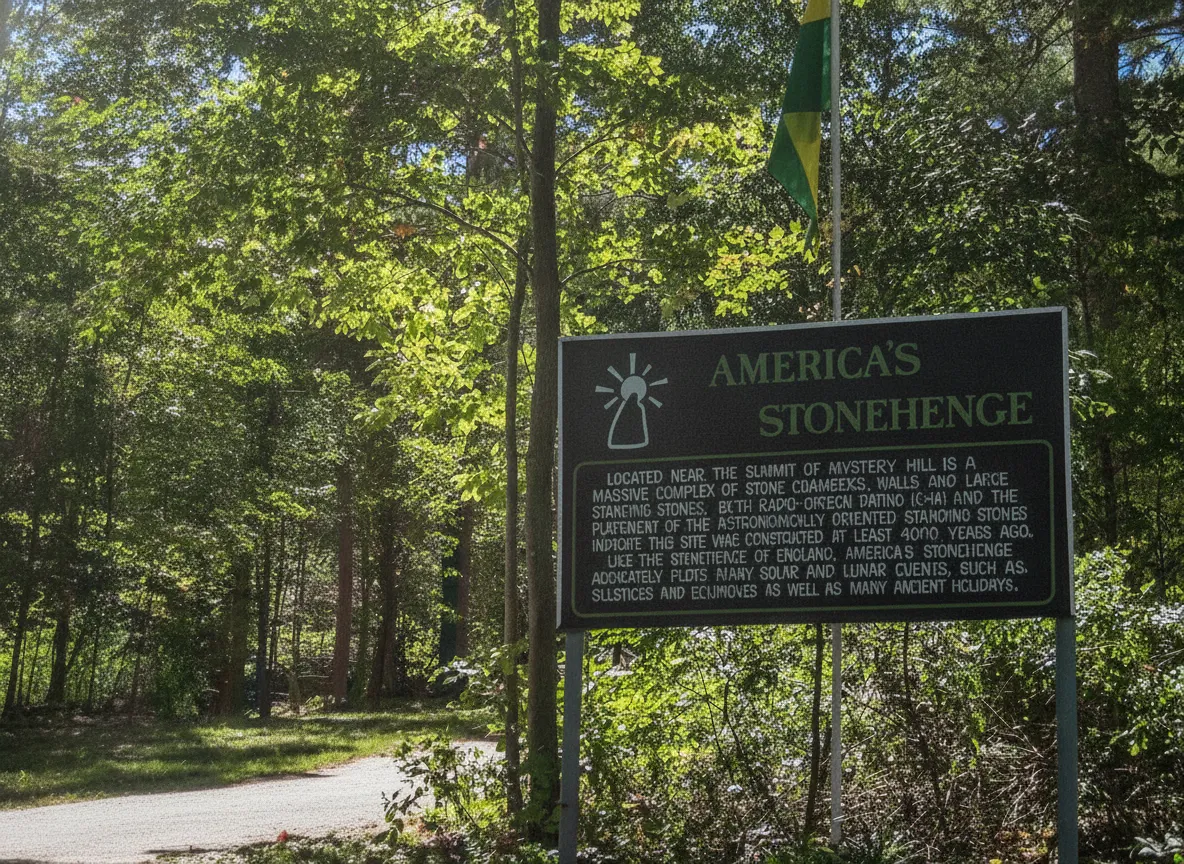 Visitors exploring the ancient stone structures and pathways at America's Stonehenge.