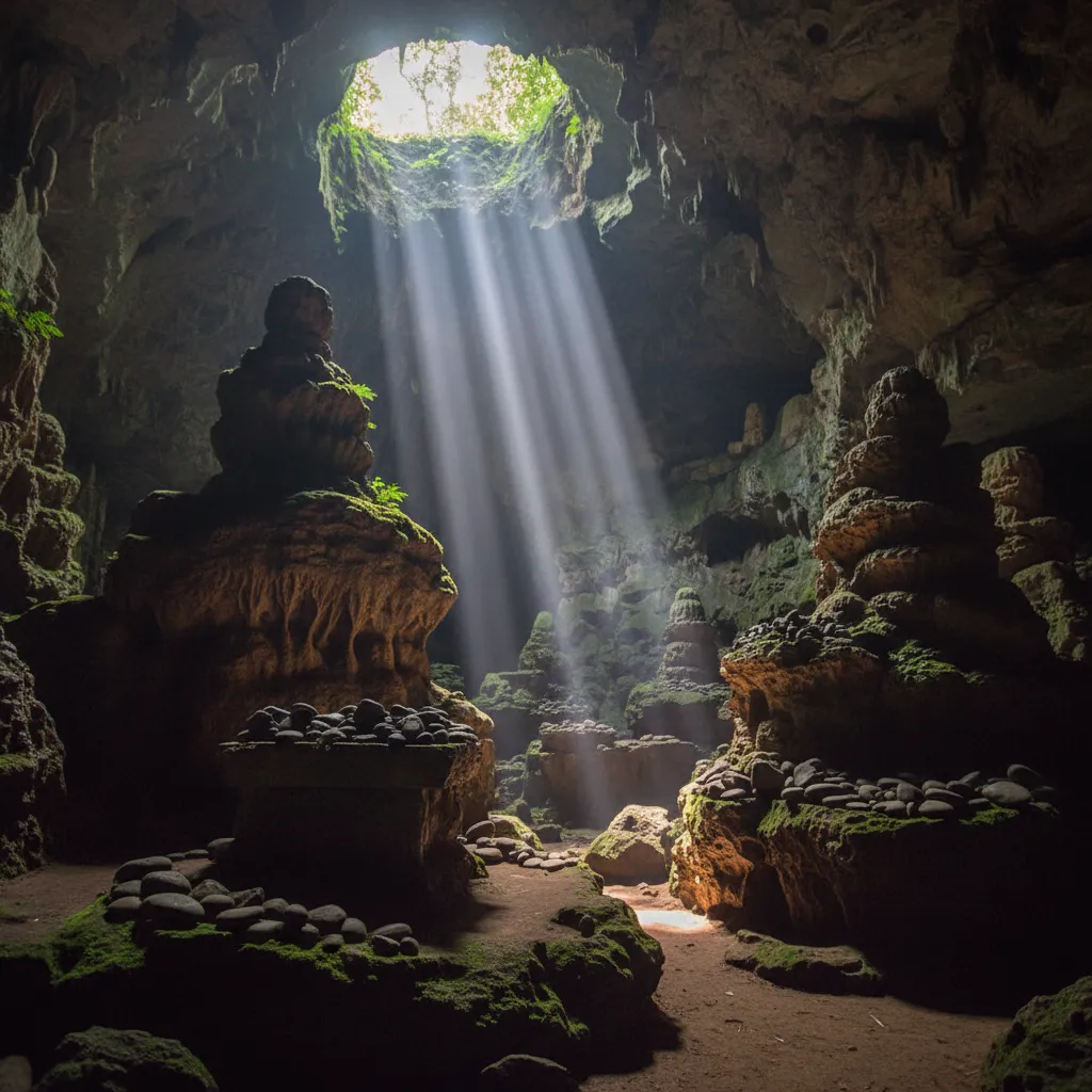 Inside the vast Anatakitaki Caves, showing impressive stalactites and stalagmites reaching towards a clear freshwater pool.