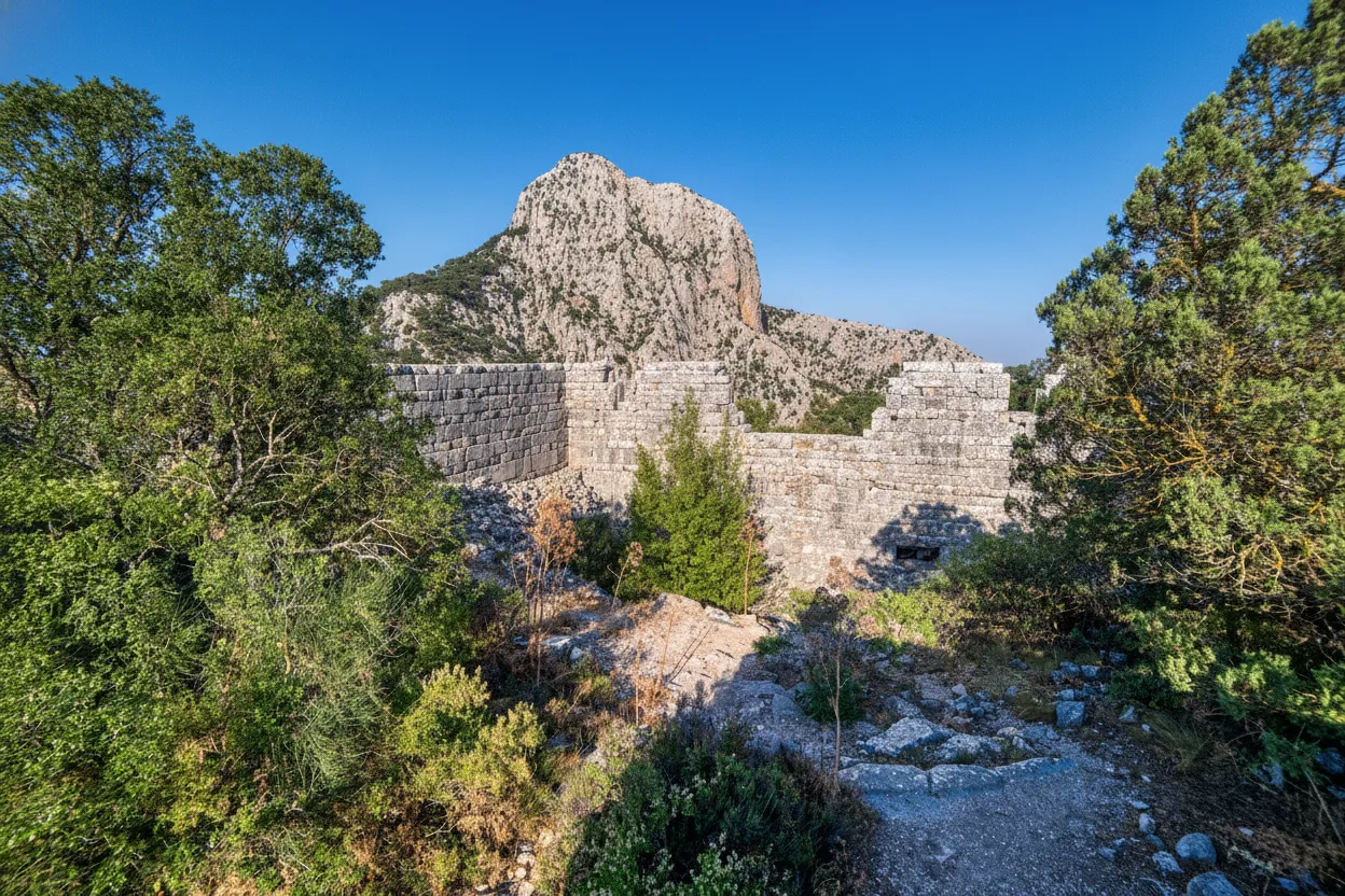 Panoramic view of Termessos amphitheater clinging to a steep mountainside with lush green trees surrounding it.