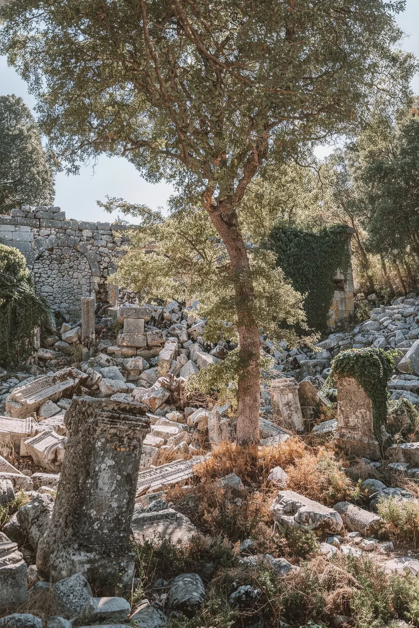 Close-up of ancient stone ruins at Termessos with tree roots growing over and around them, showing nature reclaiming the site.