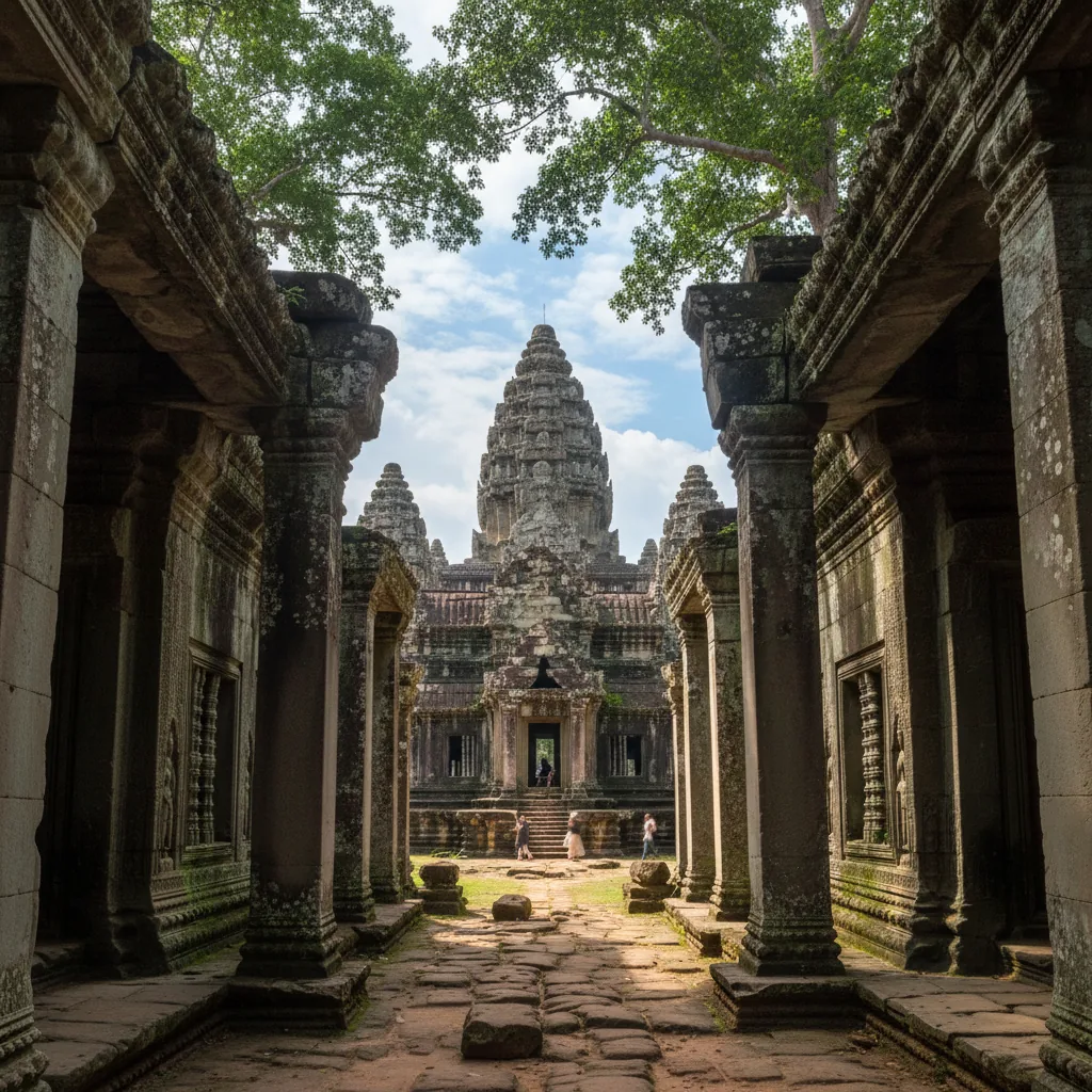 Massive tree roots engulfing the ancient stone walls of Ta Prohm temple