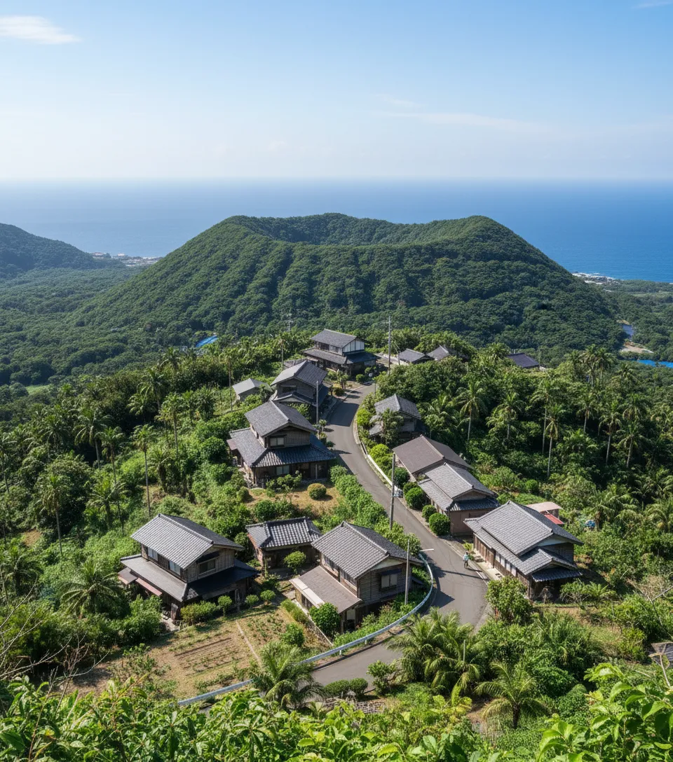Aerial view of Aogashima Island, showing the distinct double caldera structure with a village nestled inside the outer crater and a smaller volcano in the center.