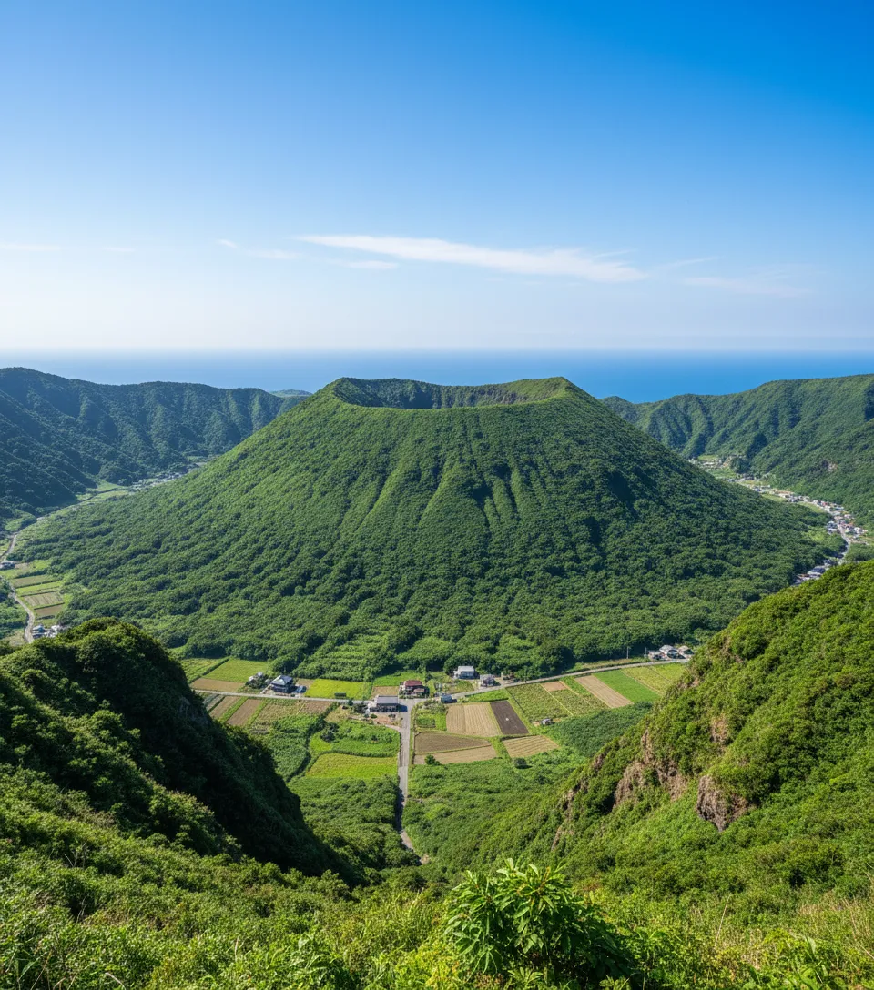 People relaxing in the natural geothermal sauna on Aogashima Island, surrounded by volcanic steam vents.