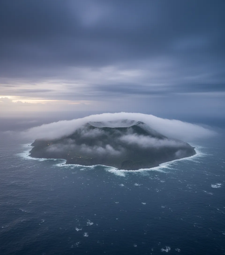 A winding road on Aogashima Island, with lush green volcanic slopes leading down to the sea.