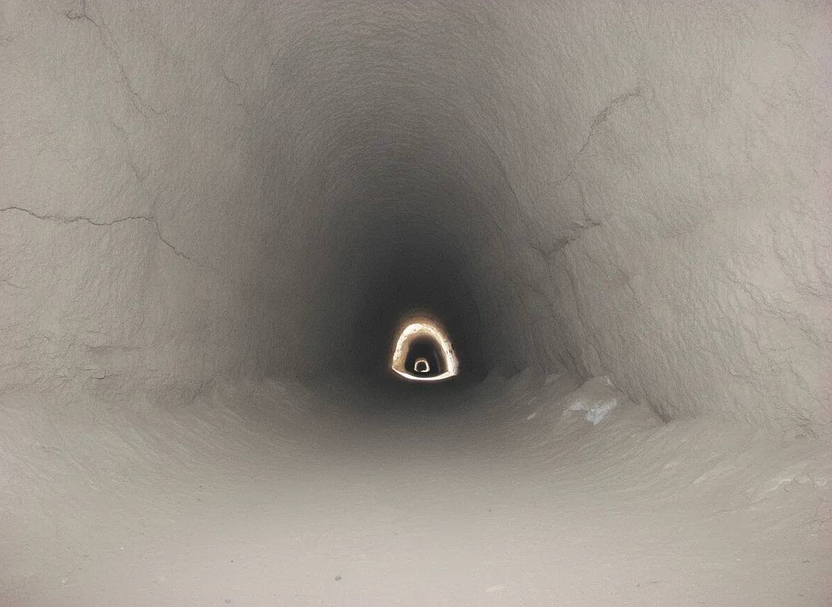 Wide view inside a mud cave chamber with intricate, eroded patterns on the walls and ceiling