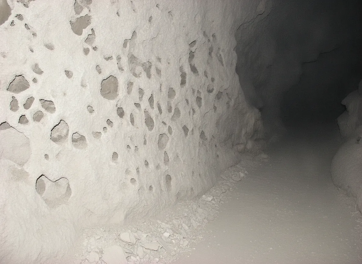 A group of explorers equipped with headlamps and helmets emerging from a mud cave entrance into the bright desert sun