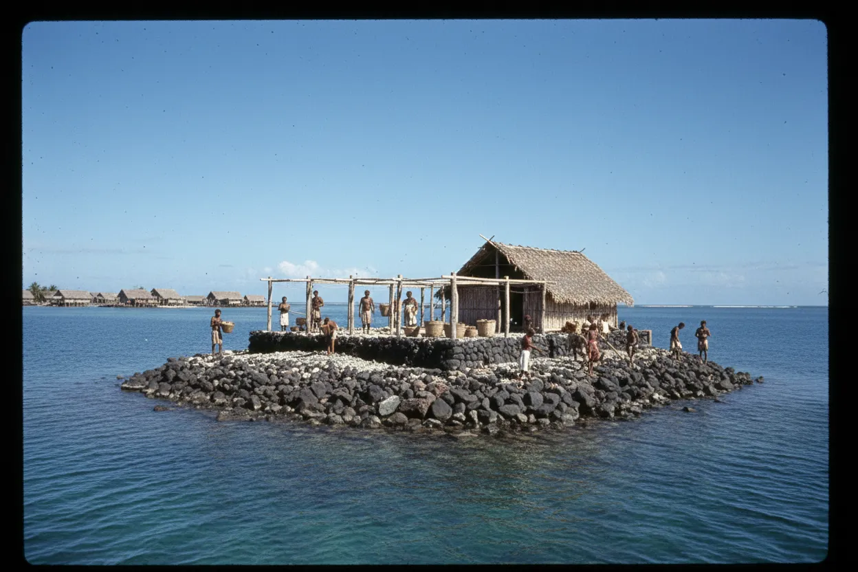 Aerial view of multiple artificial islands in Lau Lagoon, Solomon Islands, showing intricate patterns of coral and rock structures amidst turquoise waters with traditional canoes.