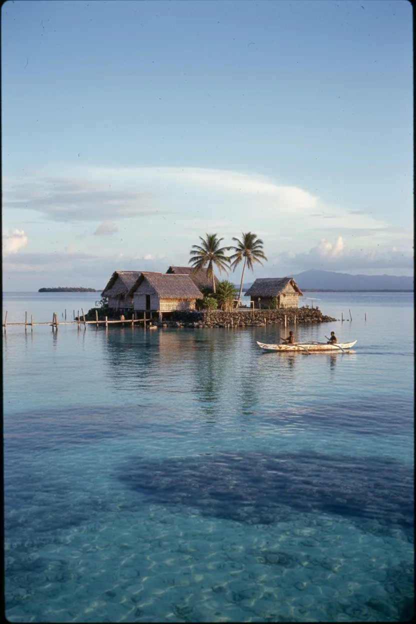 Traditional stilt houses built on an artificial island in Lau Lagoon, Solomon Islands, with outrigger canoes moored nearby and lush tropical vegetation.