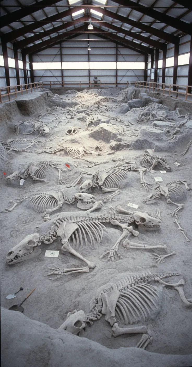 Inside the Rhino Barn at Ashfall Fossil Beds, showing multiple perfectly preserved rhino skeletons partially excavated from volcanic ash.