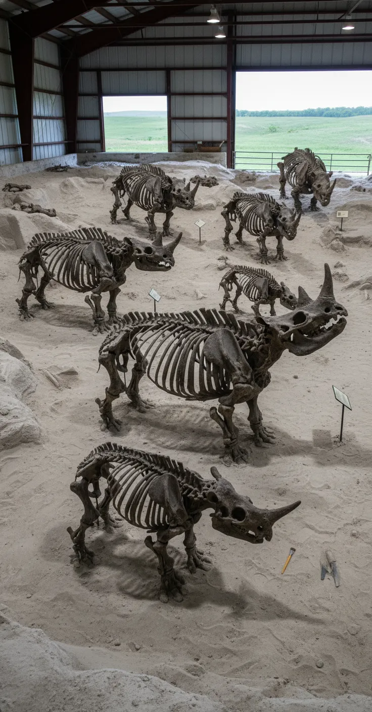 Close-up of a perfectly preserved prehistoric rhino skull and partial skeleton at Ashfall Fossil Beds.