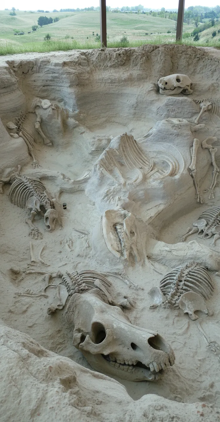 Exterior view of the Ashfall Fossil Beds Rhino Barn, a large modern structure protecting the ancient fossil site.