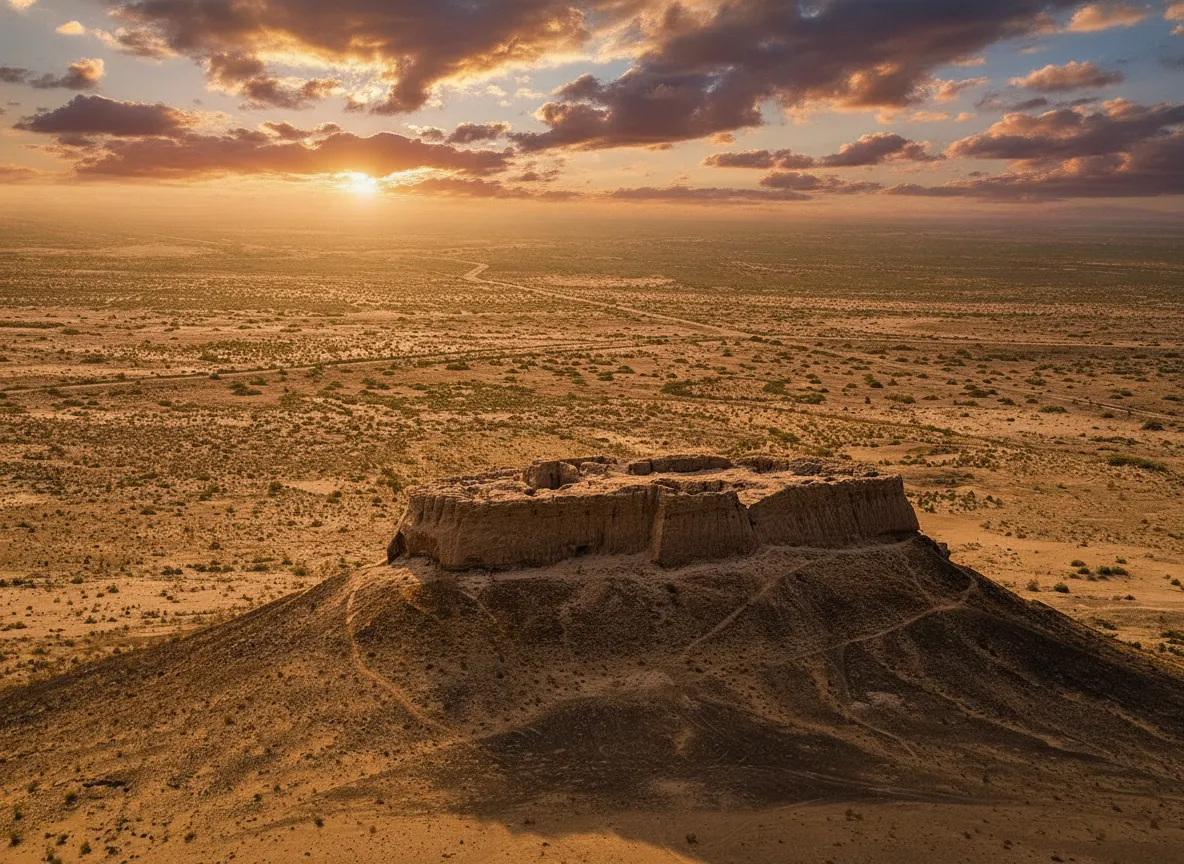 Perched atop windswept desert hills, the ancient mud-brick fortresses of Ayaz-Kala stand like forgotten sentinels, whispering tales of a civilization that thrived in the heart of the Kyzylkum Desert millennia ago.