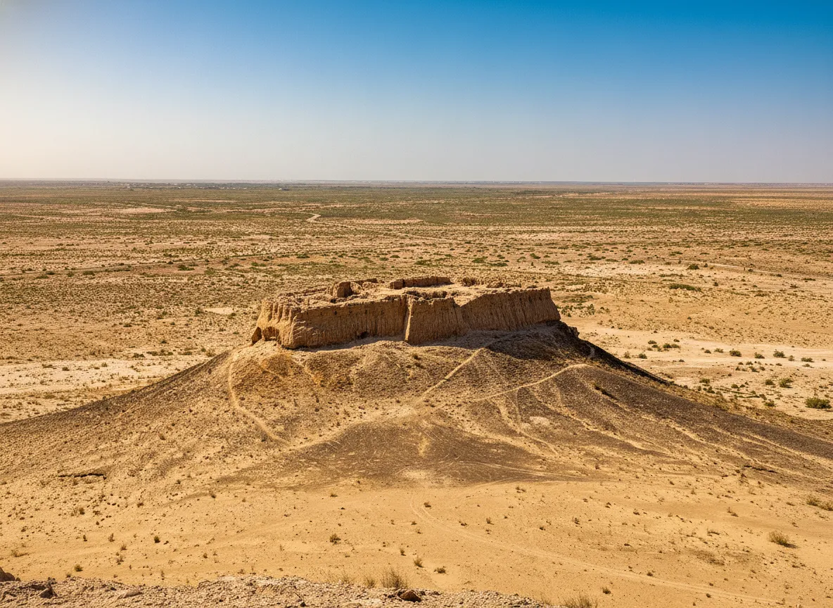Ayaz-Kala 1 fortress perched on a desert hill at sunset, with vast Kyzylkum Desert stretching behind it.
