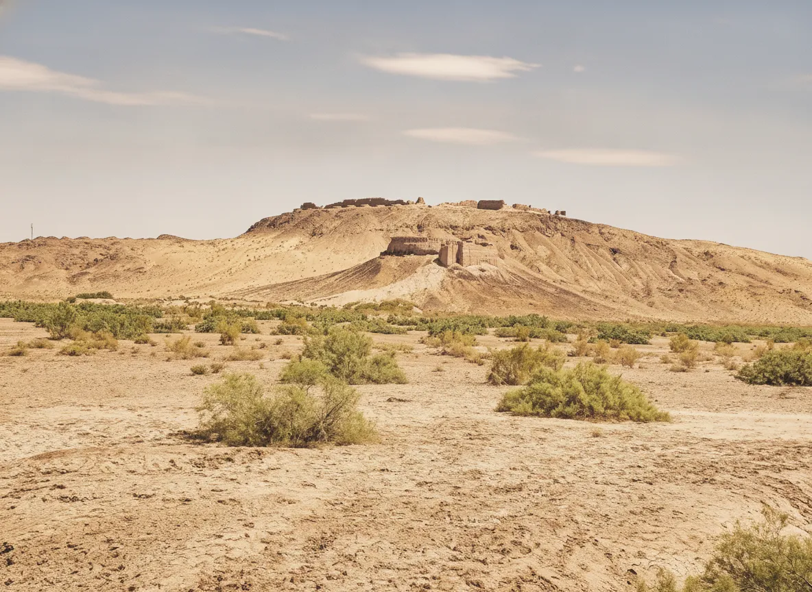Panoramic view of the Kyzylkum Desert from the crumbling walls of Ayaz-Kala, showing endless sand dunes and distant mountains.